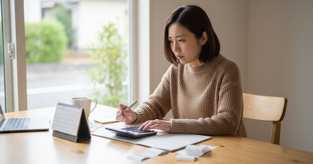 保育標準時間について考え、計算機とカレンダーを見ながら計画を立てる母親