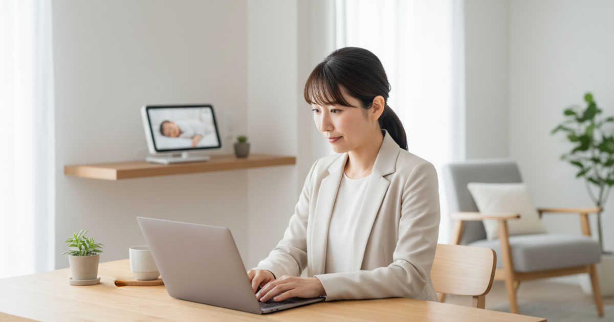 自宅のデスクでパソコン作業をしながら子どもを見守る、リモートワーク中の女性のイラスト。