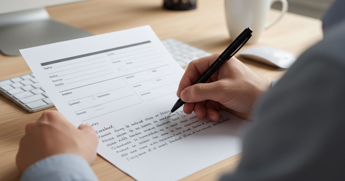 就労証明書の記入例。特に備考欄に具体的な勤務実態を追記している点が強調されている。