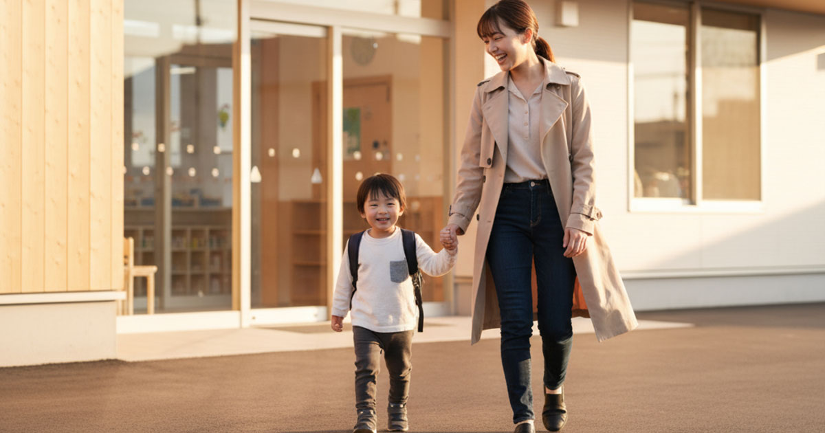 保育短時間と標準時間の違いについて解説する記事のアイキャッチ画像。保育園から帰る親子の様子。