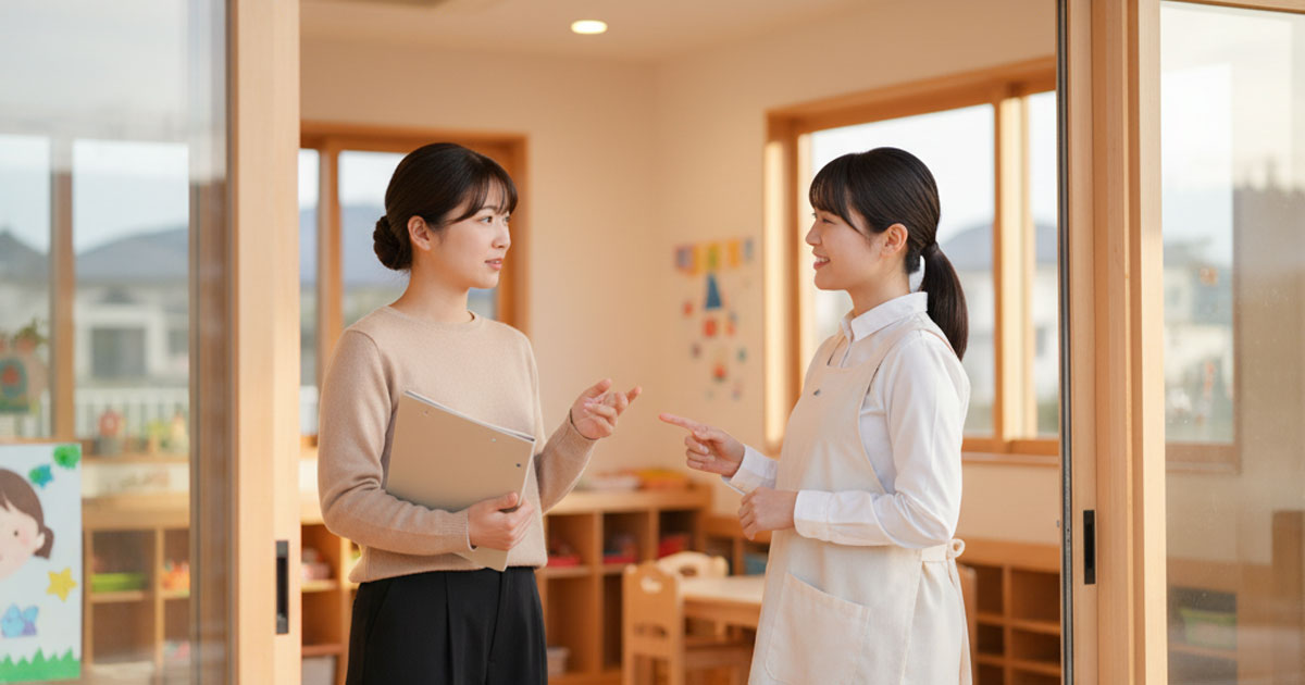 保育短時間のよくある質問に、専門家が丁寧に回答している様子のQ&A形式のイラスト。