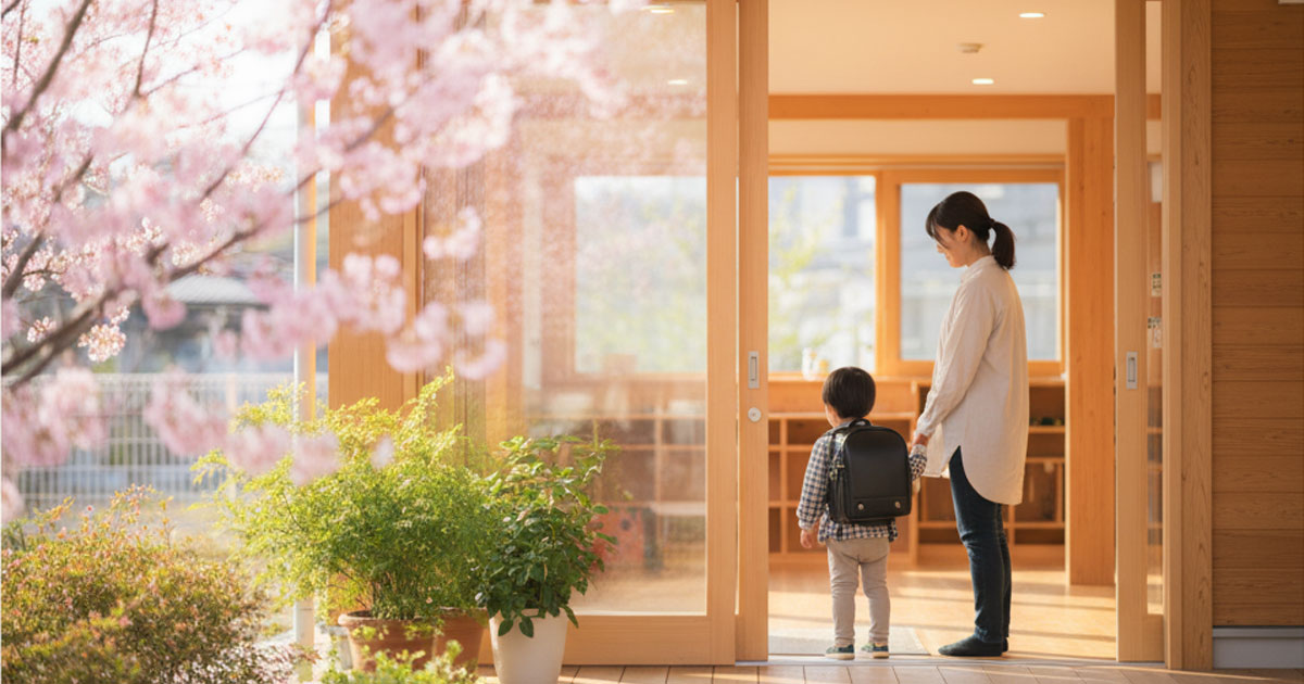 保育園の2号認定について解説する記事のアイキャッチ画像。母親と子どもが保育園の入り口に立っている。