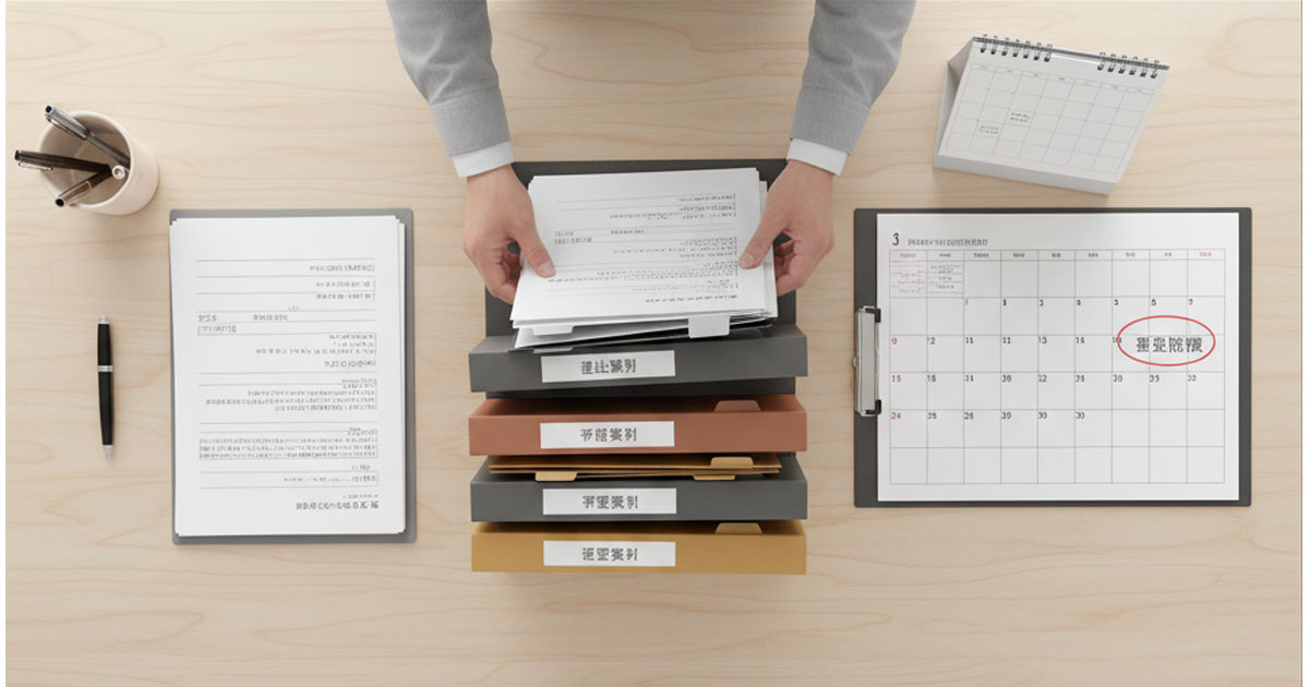 申請書類とカレンダーが置かれた机のイラスト