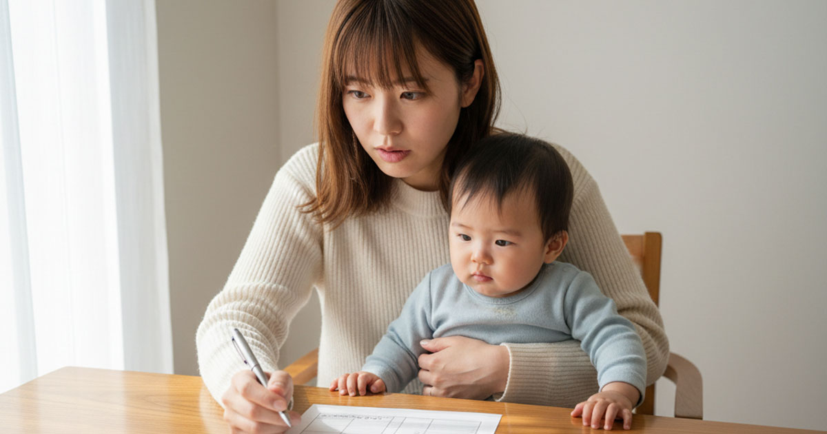 保育園の3号認定について、複雑な書類を前に悩む若い母親と赤ちゃんのイメージ。