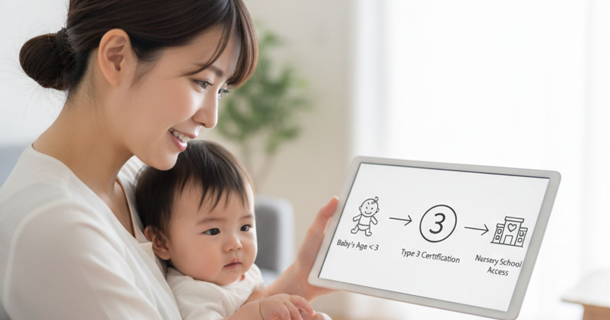 保育園の「3号認定」の基本的な概念を示したイラスト。母親が赤ちゃんと役所の書類を見比べ、その意味を理解しようとしている。