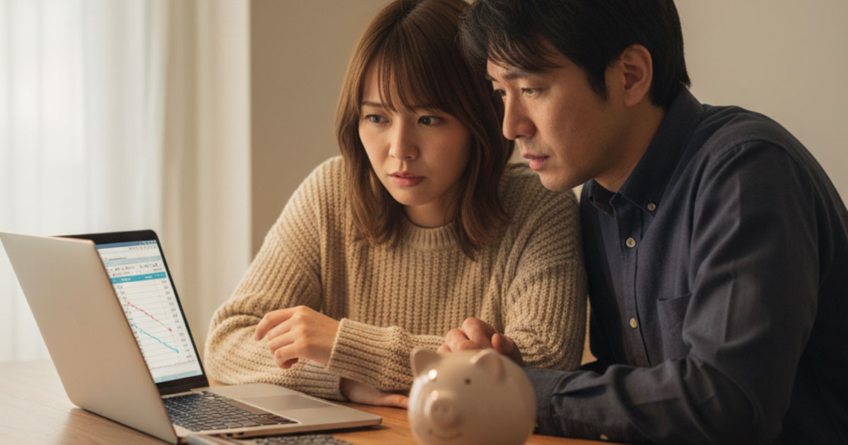 世帯年収別の保育料目安を示すシミュレーショングラフ。グラフが右に行くほど高くなり、家計簿と電卓を見ながら頭を悩ませる夫婦の姿が描かれている。