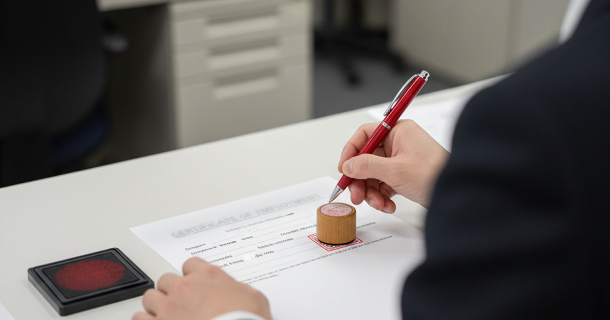 役所の窓口で「保育の必要性」を証明する書類を提出する保護者と、それを厳格に審査する職員。背景には点数表が透けて見える。