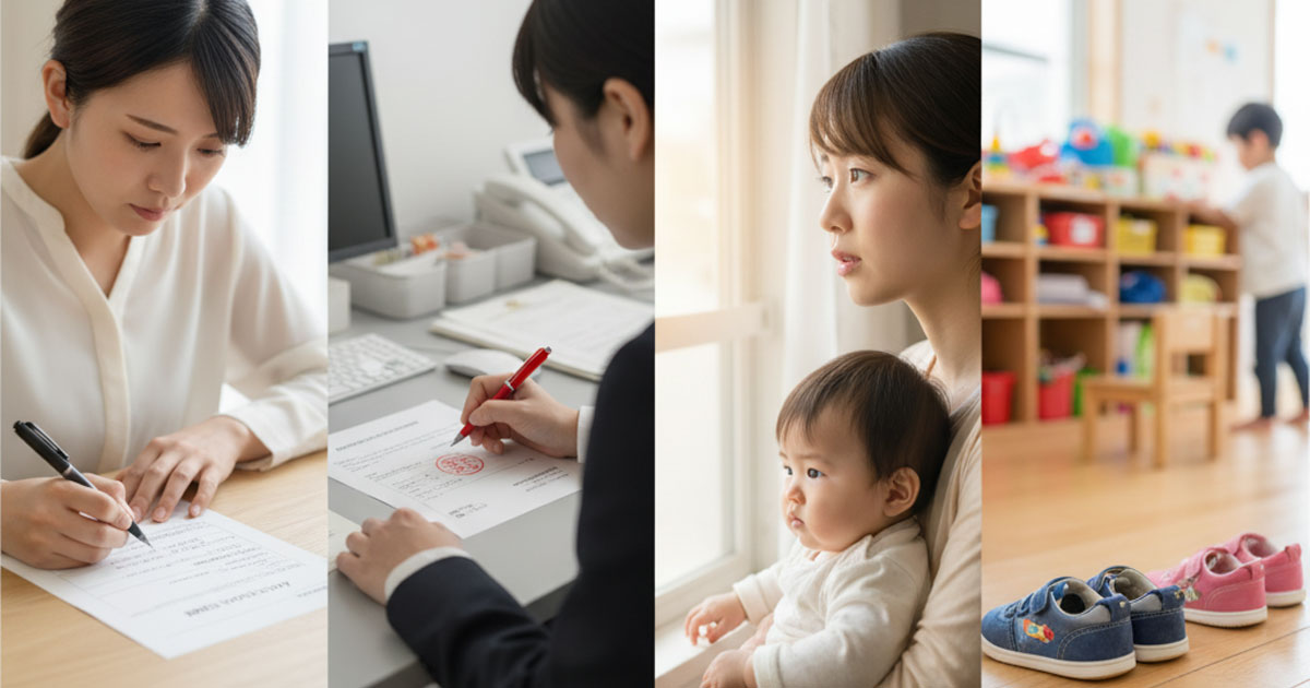 申請書類の準備から保育園入園決定までの流れを、すごろくのような一本の道筋で示したフローチャート。各ステップに具体的なアクションが描かれている。