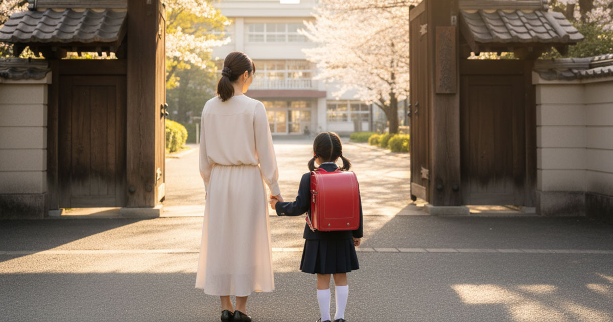 保育園を卒園し、小学校の門の前に立つ親子。何歳まで保育園に通えるか、その後の小1の壁について解説する記事のアイキャッチ画像。