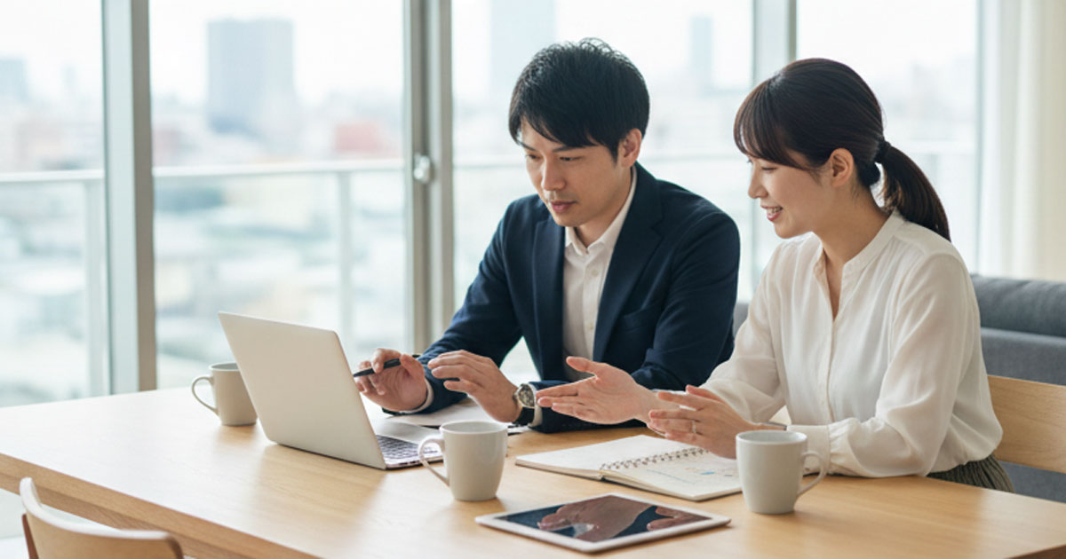 ノートとペン、コーヒーが置かれたテーブルの上で、夫婦が保活の計画について話し合っている様子