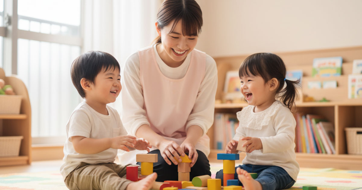 笑顔の子どもたちと優しく見守る保育士。質の高い保育が行われている保育園のイメージ。