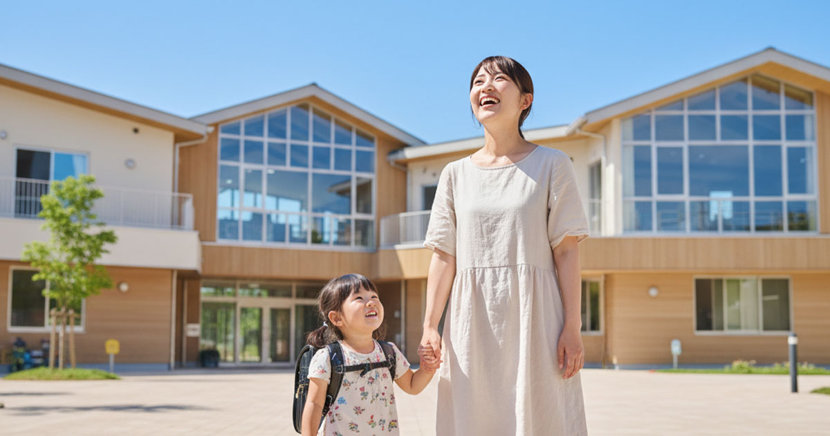 1号認定の制度について解説する記事のアイキャッチ画像。若い母親と子どもが希望に満ちた表情で園の建物を見上げており、新しい生活への期待を象徴しています。