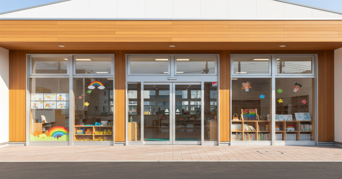 1号認定が利用できる幼稚園と認定こども園、そして対象外である保育園の関係性を示したイラスト。