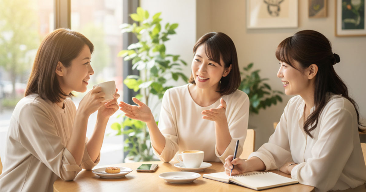 先輩ママたちが座談会形式で1号認定の体験談を語り合っているイメージイラスト。