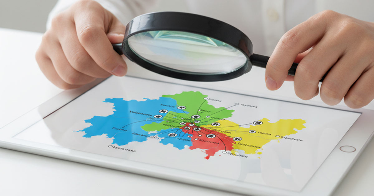 日本地図と虫眼鏡のアイコンで、自治体ごとの「ローカルルール」を調べる重要性を示したイラスト。